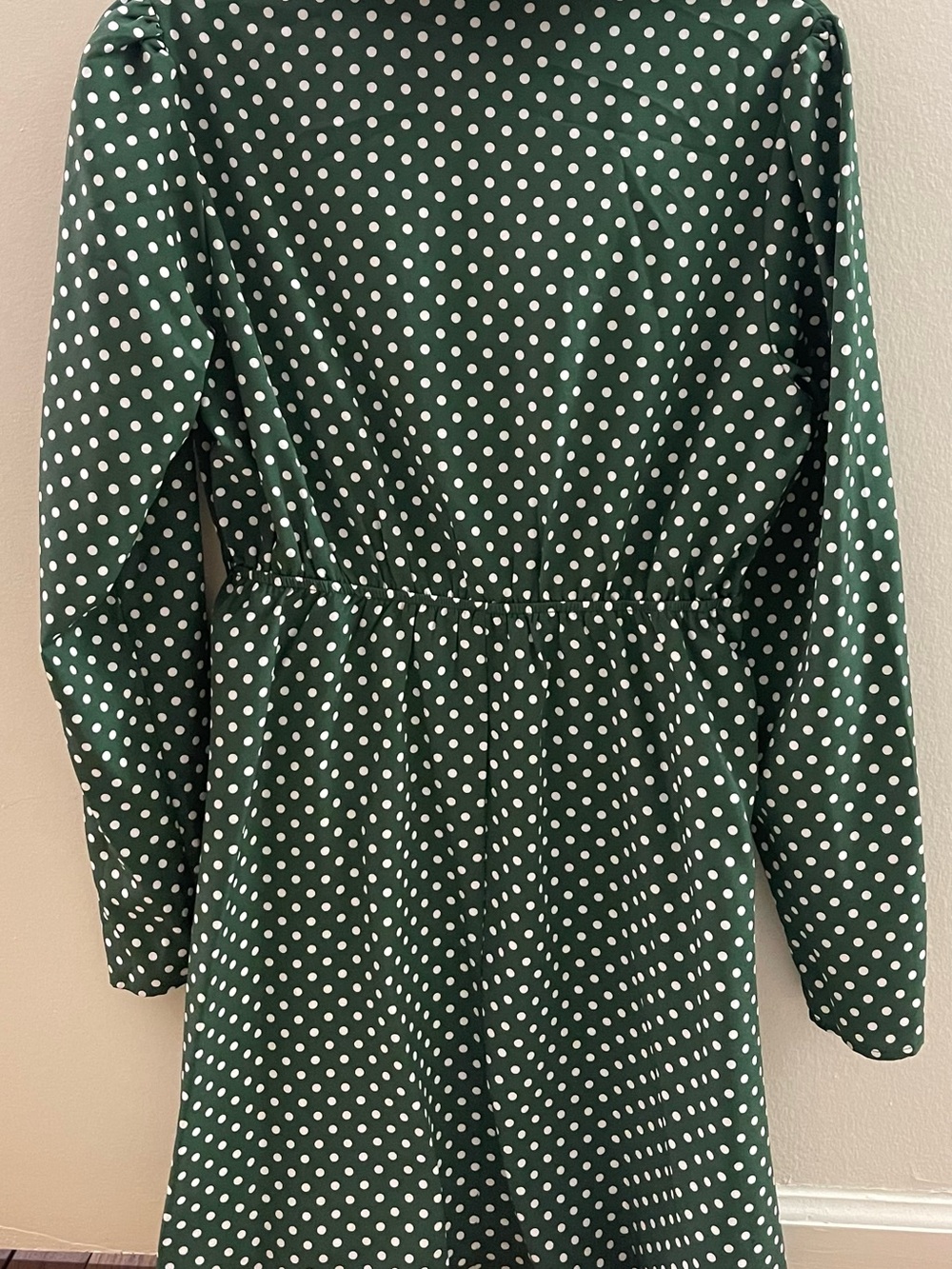 Hunter Green White Polka Dot Long Sleeve Mini Dress Collared V-Neck L - Picture 2 of 4